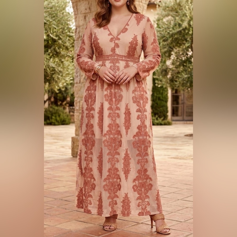 Beautiful Soul Norrie-P Maxi Dress Tan Pink Floral Embroidered VNeck Long Sleeve